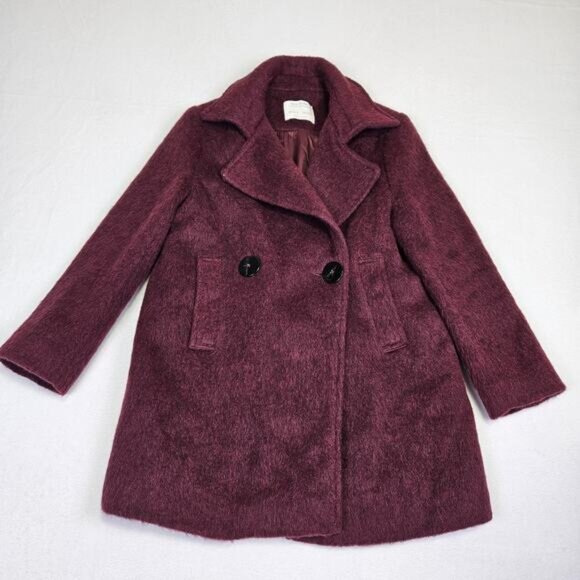 Zara Girls 9 Peacoat Burgundy Wool Mohair Alpaca Preppy Winter Coat EU 134cm - Picture 4 of 15